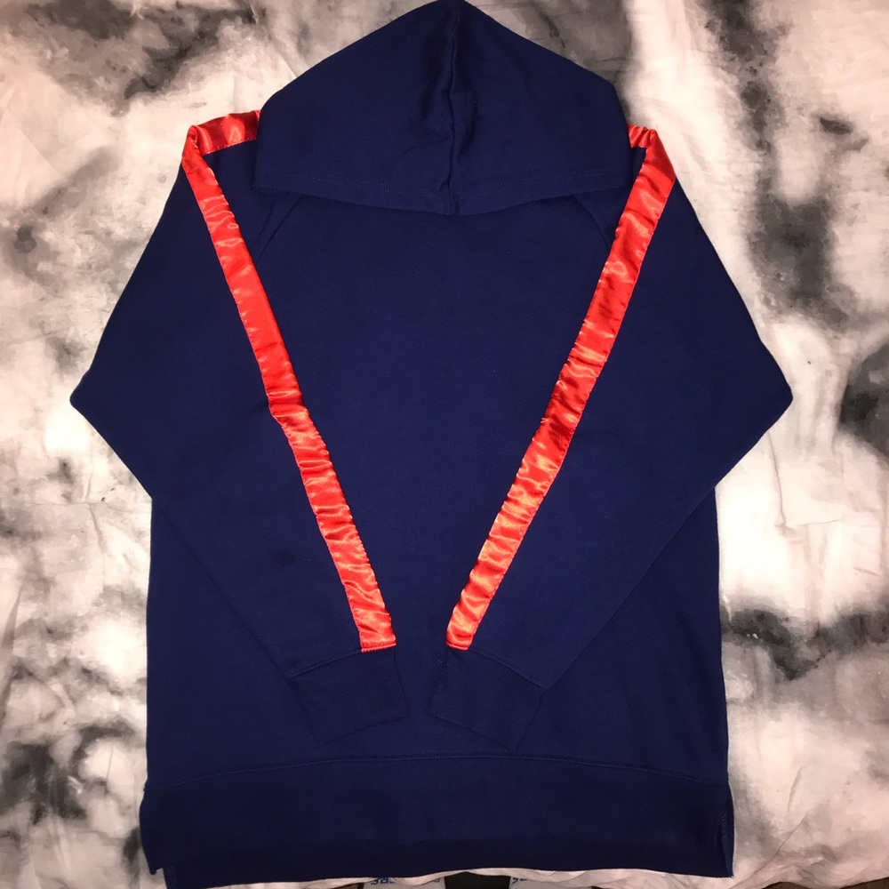 navy oversized hoodie with satin detail on sleeve
